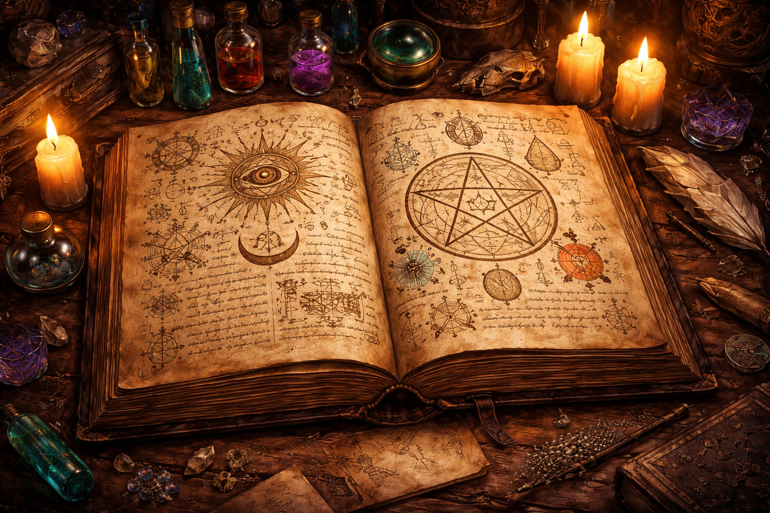 Ancient spellbook with pentagram and puzzle pieces, surrounded by candles and potion bottles, symbolizing magic and mystery.