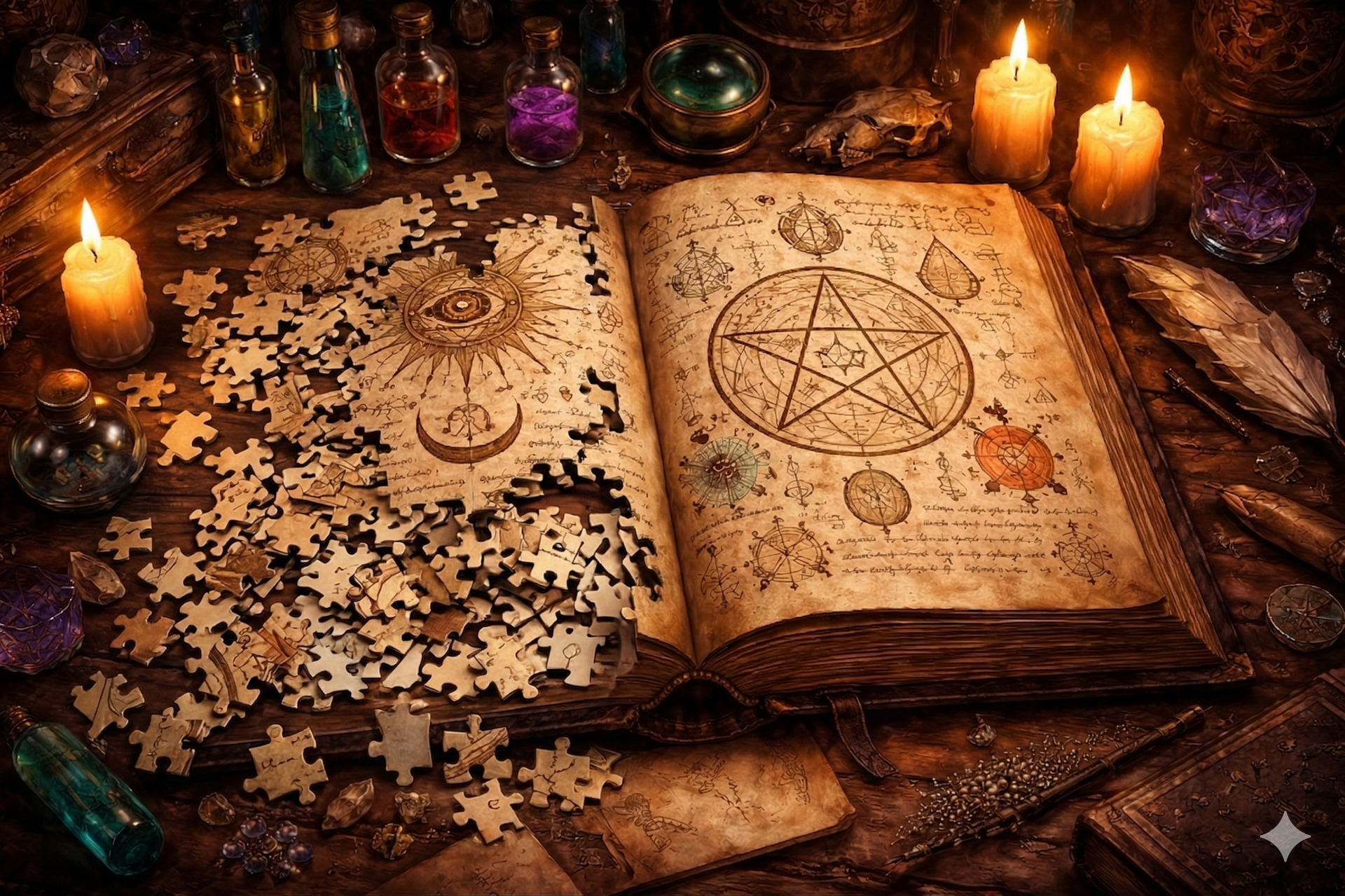 Ancient spellbook with pentagram and puzzle pieces, surrounded by candles and potion bottles, symbolizing magic and mystery.