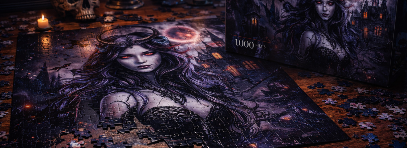 Dark art jigsaw puzzle featuring gothic artwork, a major trend in 2026, assembled on a wooden table with candles and a skull.