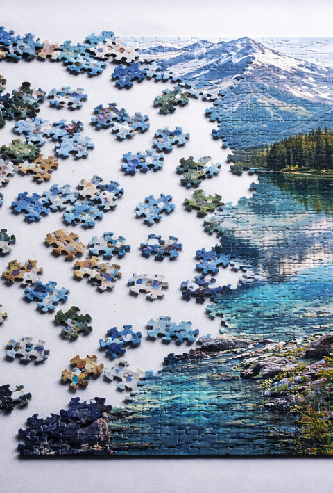 Partially completed puzzle depicting a serene Nature landscape with mountains, trees, and a lake.