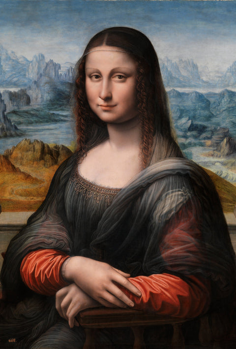 Portrait of a woman with a serene expression and mountainous background in classical art style, related to the Christian collection.