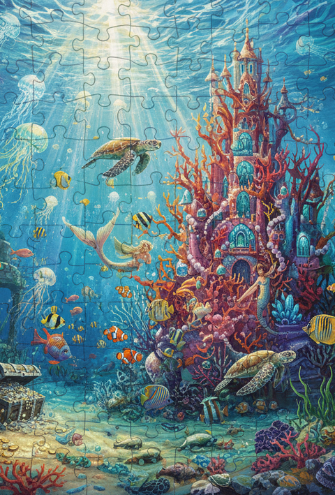 Fantasy underwater scene with colorful coral, sea creatures, and a mystical castle in vibrant oceanic landscape.