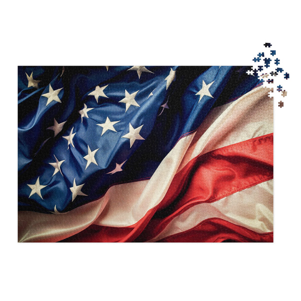 American Flag Jigsaw Puzzle in Tin with flowing fabric texture and vivid stars and stripes composition.