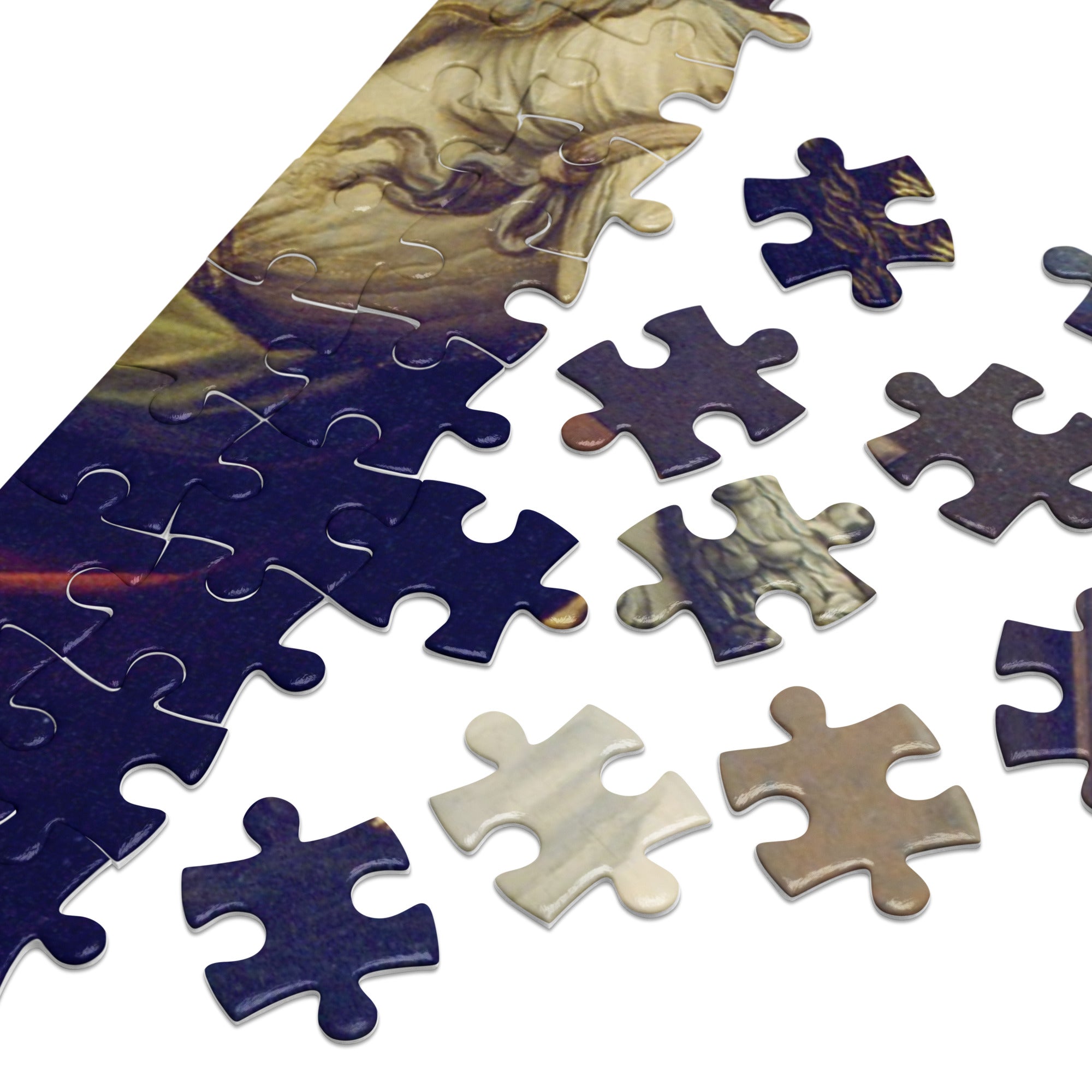 Annunciation by Leonardo da Vinci Puzzle in Tin showing glossy jigsaw pieces with Renaissance artwork.