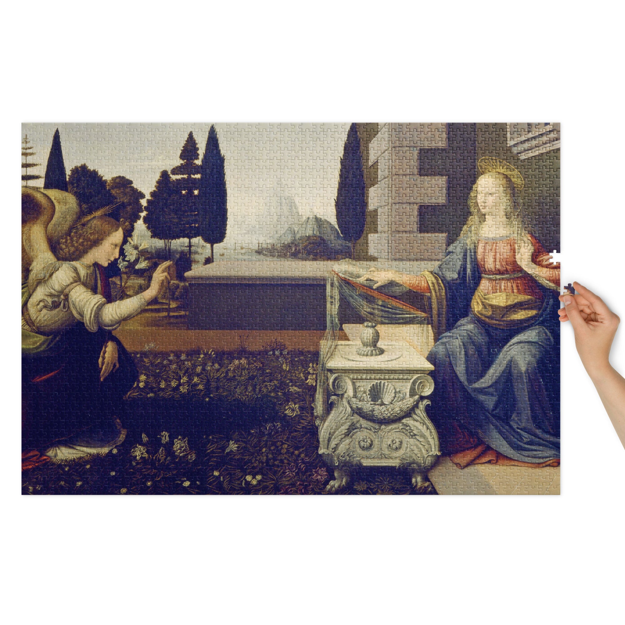Annunciation by Leonardo da Vinci Puzzle in Tin showing iconic Renaissance artwork with vibrant colors and intricate details.