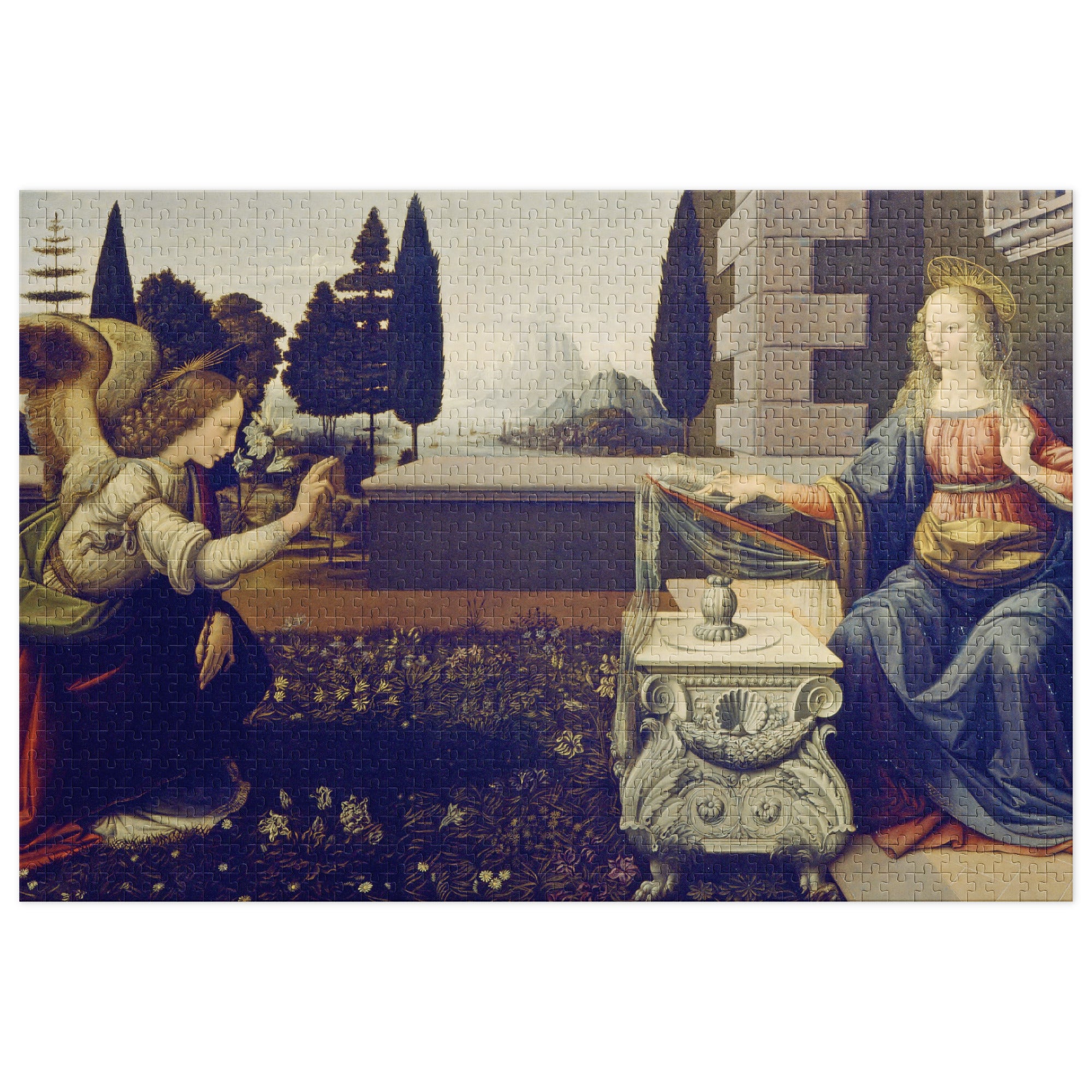 Annunciation by Leonardo da Vinci Puzzle in Tin featuring Renaissance artwork in a glossy finish, available in multiple sizes.