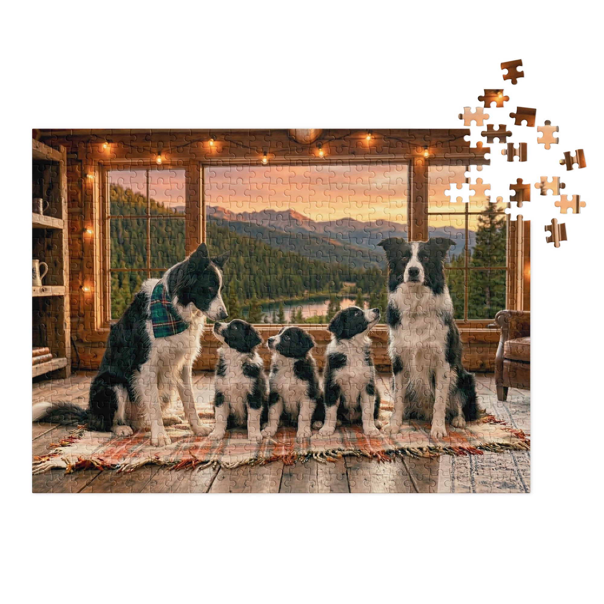 Border Collie Family Cabin Jigsaw Puzzle in Tin showcasing a serene mountain view and a cozy cabin interior.