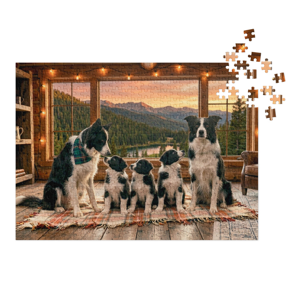 Border Collie Family Cabin Jigsaw Puzzle in Tin showcasing a serene mountain view and a cozy cabin interior.