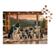 Border Collie Family Cabin Jigsaw Puzzle in Tin showcasing a serene mountain view and a cozy cabin interior.