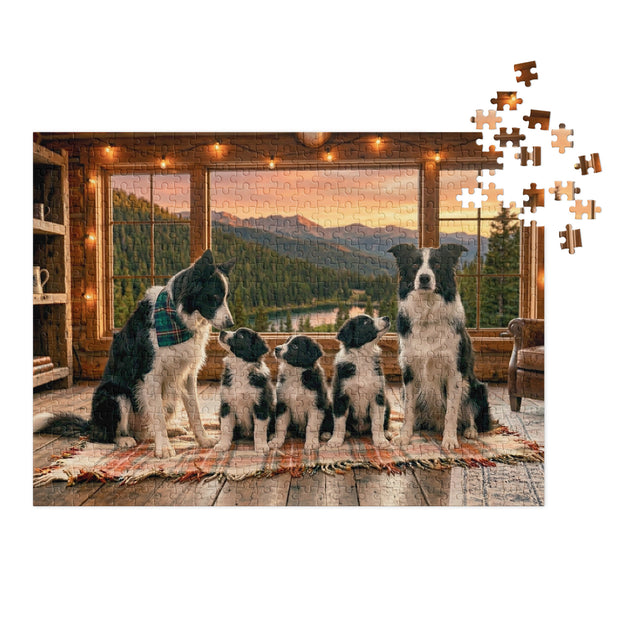 Border Collie Family Cabin Jigsaw Puzzle in Tin showcasing a serene mountain view and a cozy cabin interior.
