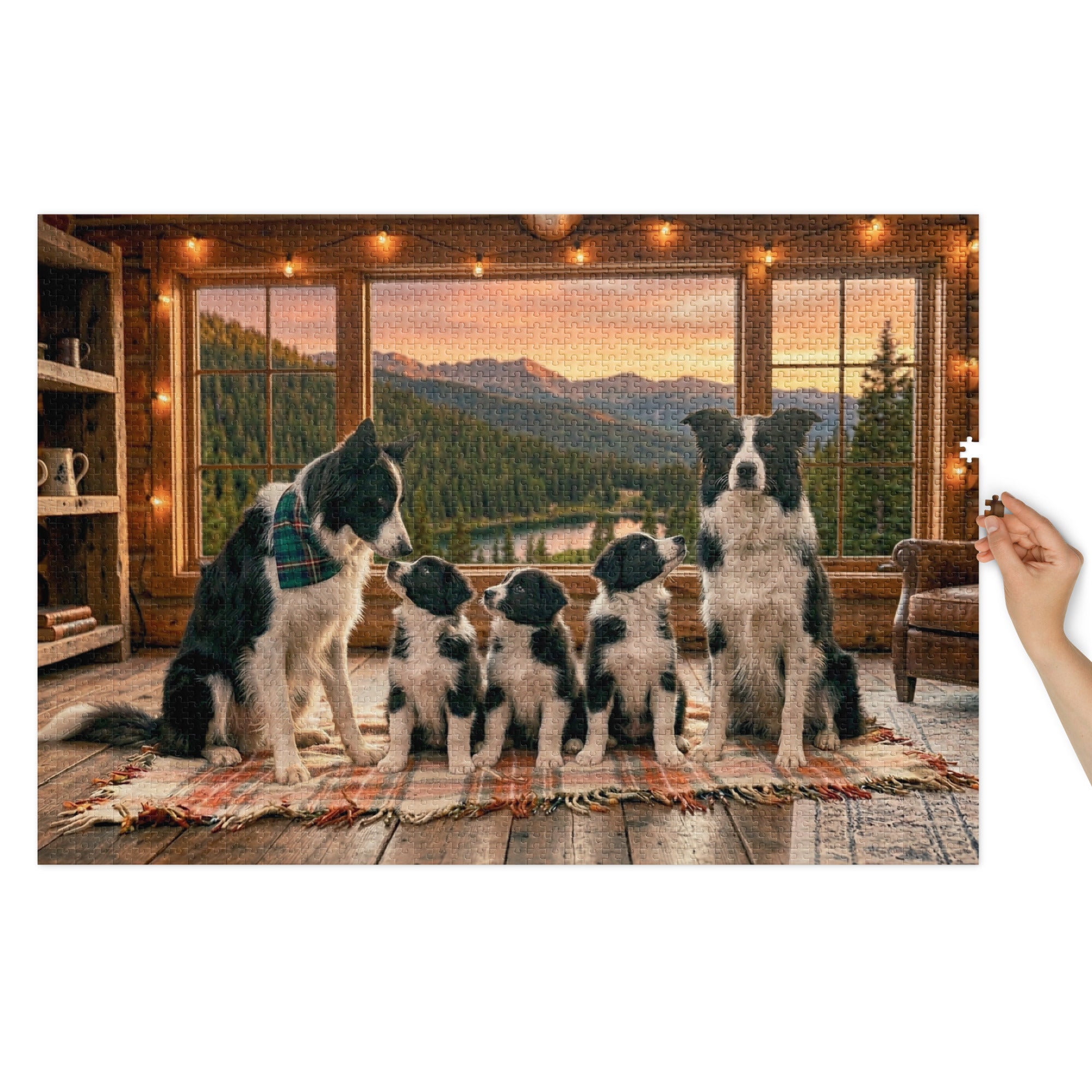 Border Collie Family Cabin Jigsaw Puzzle in Tin showing a cozy cabin scene with Border Collies and a mountain view.