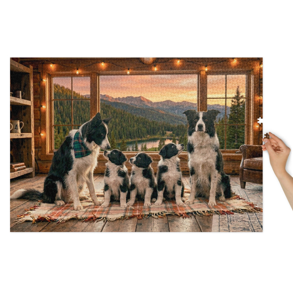 Border Collie Family Cabin Jigsaw Puzzle in Tin showing a cozy cabin scene with Border Collies and a mountain view.