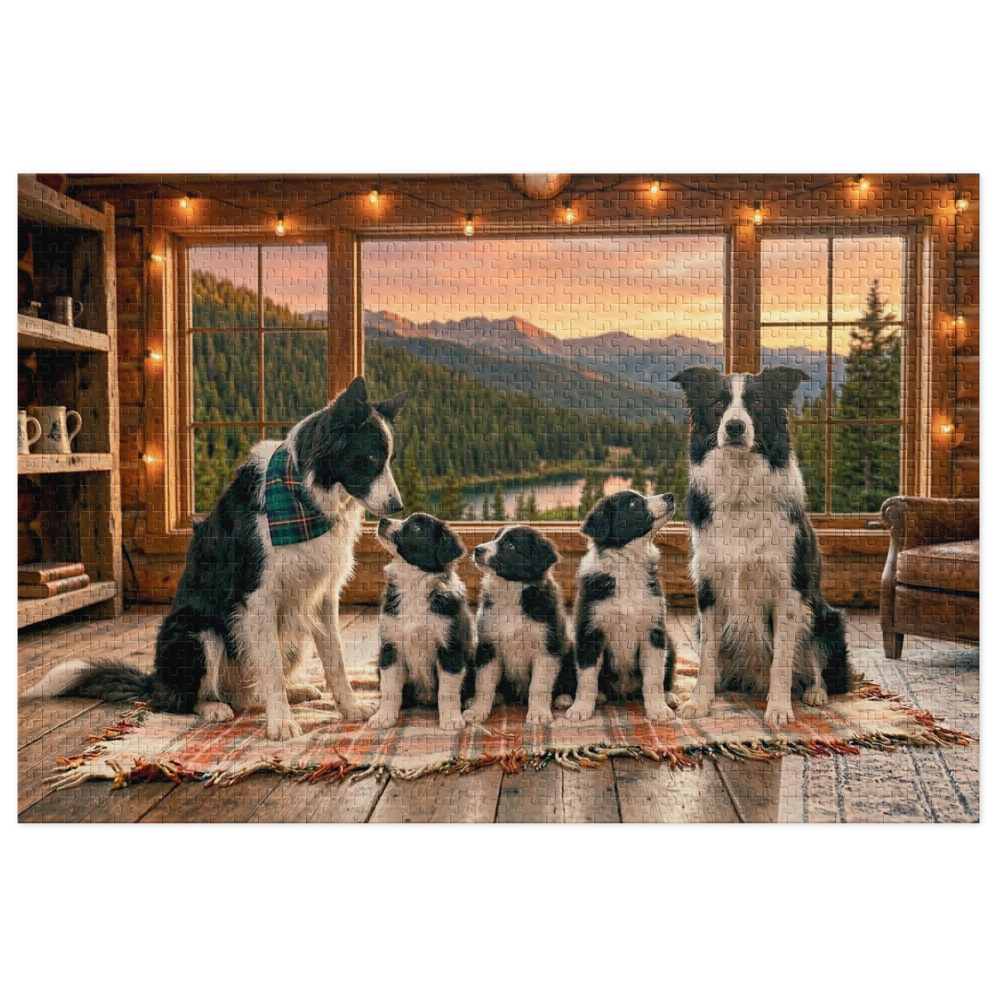 Border Collie Family Cabin Jigsaw Puzzle in Tin featuring collie family in cozy wooden cabin with mountain view