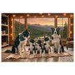 Border Collie Family Cabin Jigsaw Puzzle in Tin featuring collie family in cozy wooden cabin with mountain view