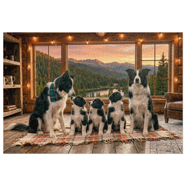 Border Collie Family Cabin Jigsaw Puzzle in Tin featuring collie family in cozy wooden cabin with mountain view