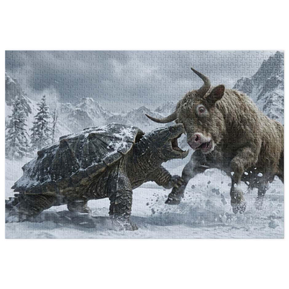 Bull vs Turtle Jigsaw Puzzle in Tin featuring a dramatic snow-covered mountain scene with a bull facing a turtle.