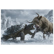 Bull vs Turtle Jigsaw Puzzle in Tin featuring a dramatic snow-covered mountain scene with a bull facing a turtle.