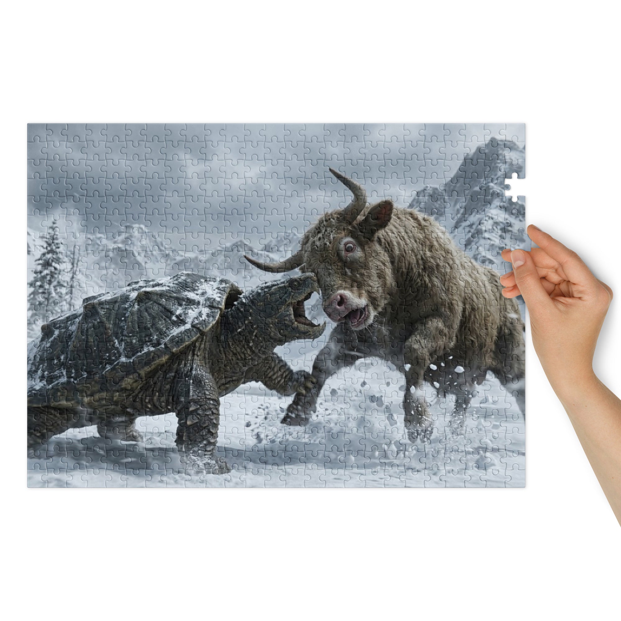 Bull vs Turtle Jigsaw Puzzle in Tin featuring a dramatic snow-covered mountain confrontation