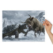 Bull vs Turtle Jigsaw Puzzle in Tin featuring a dramatic snow-covered mountain confrontation