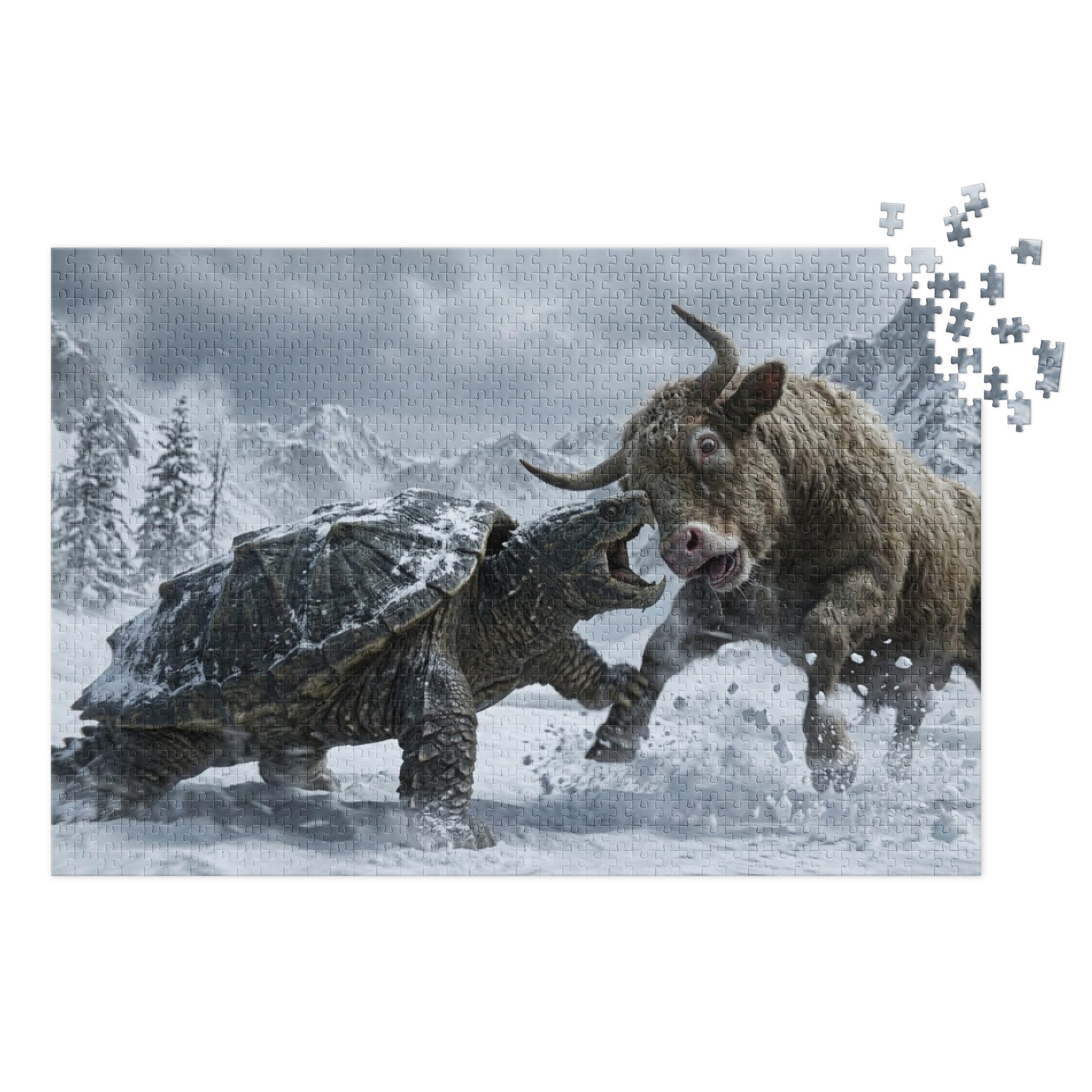 Bull vs Turtle Jigsaw Puzzle in Tin showing a dramatic snowy battle scene with a bull and turtle in a mountain landscape.