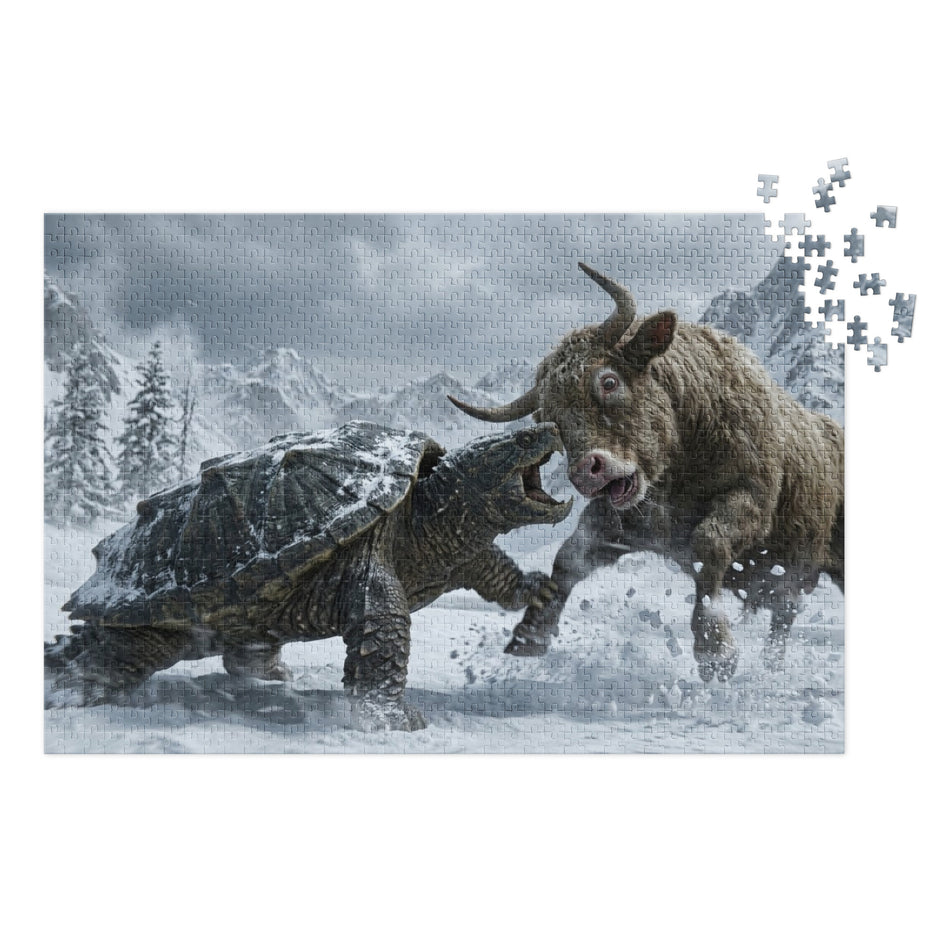 Bull vs Turtle Jigsaw Puzzle in Tin showing a dramatic snowy battle scene with a bull and turtle in a mountain landscape.