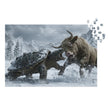 Bull vs Turtle Jigsaw Puzzle in Tin showing a dramatic snowy battle scene with a bull and turtle in a mountain landscape.