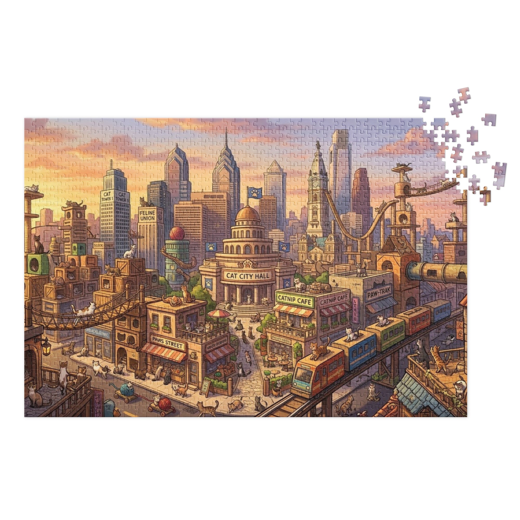 Cat City Life Jigsaw Puzzle in Tin featuring a bustling city scene with cats on rooftops, trains, and markets, packaged in a white metal tin.