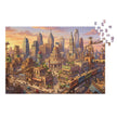 Cat City Life Jigsaw Puzzle in Tin featuring a bustling city scene with cats on rooftops, trains, and markets, packaged in a white metal tin.