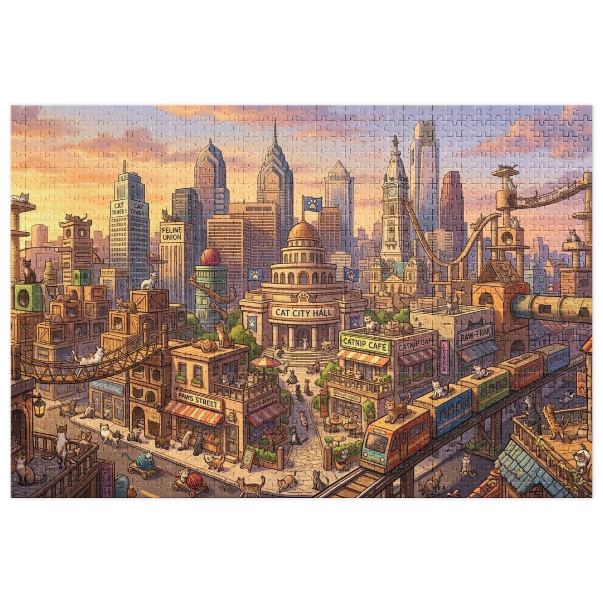 Cat City Life Jigsaw Puzzle in Tin featuring a lively cityscape with playful cats and urban architecture, packaged in a glossy tin box.