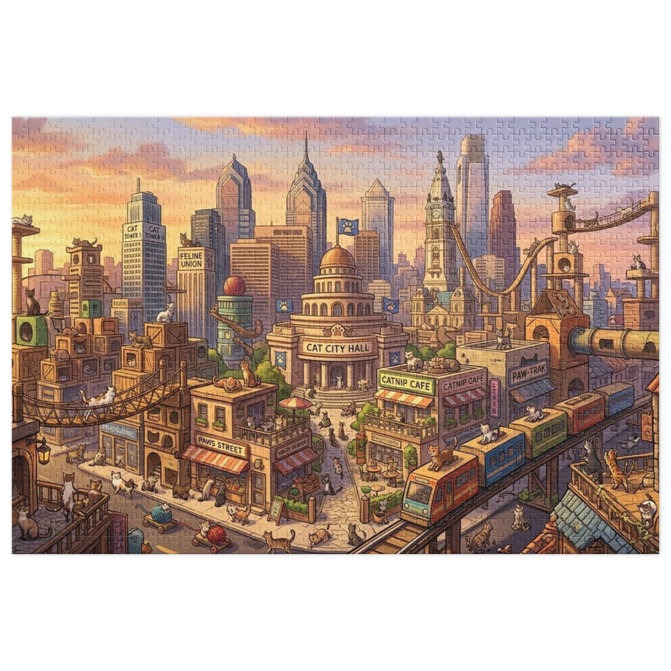 Cat City Life Jigsaw Puzzle in Tin featuring a lively cityscape with playful cats and urban architecture, packaged in a glossy tin box.