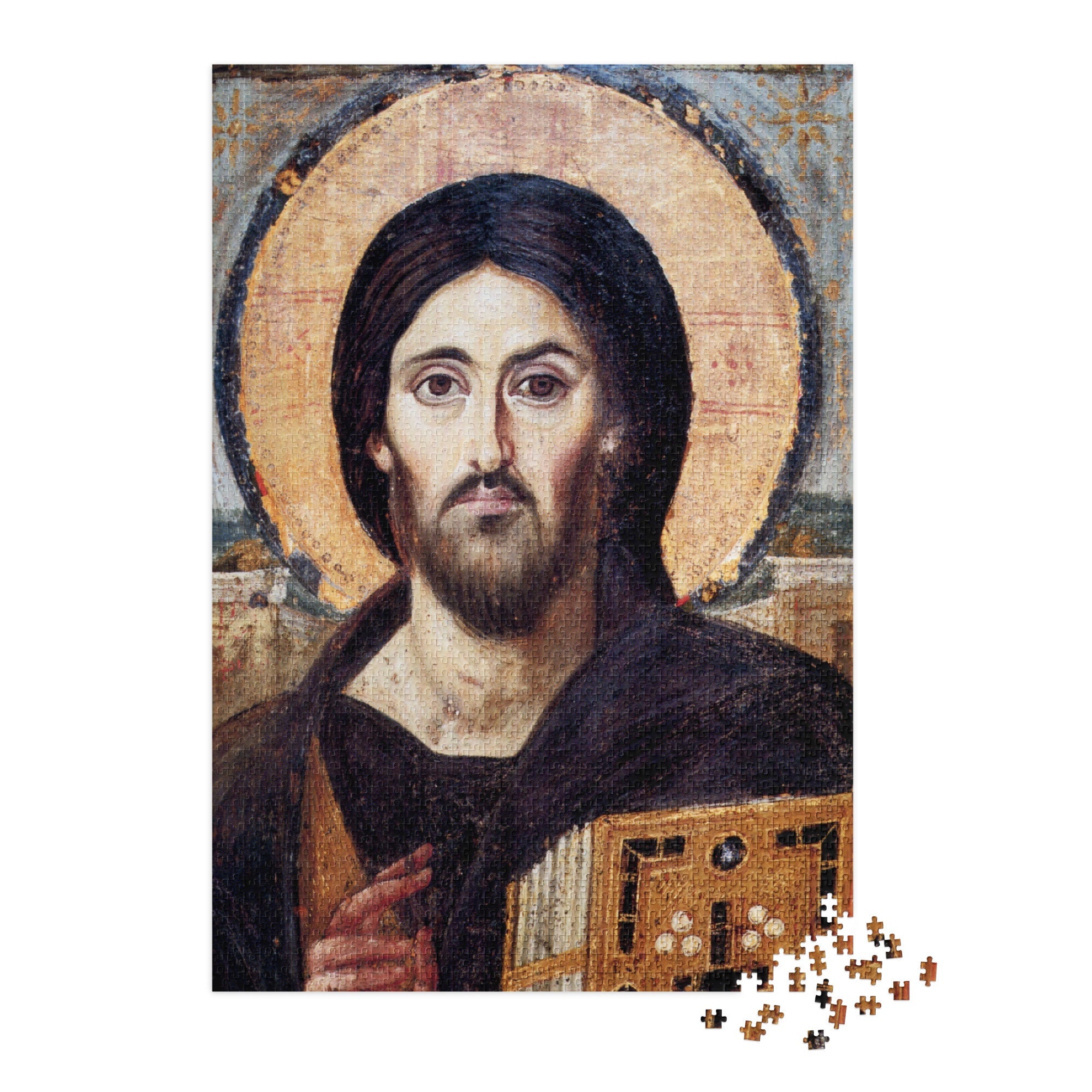 Christ Pantocrator from Saint Catherine’s Monastery Puzzle in Tin, Byzantine iconography image on jigsaw puzzle, 6th-century artwork.