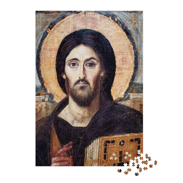 Christ Pantocrator from Saint Catherine’s Monastery Puzzle in Tin, Byzantine iconography image on jigsaw puzzle, 6th-century artwork.