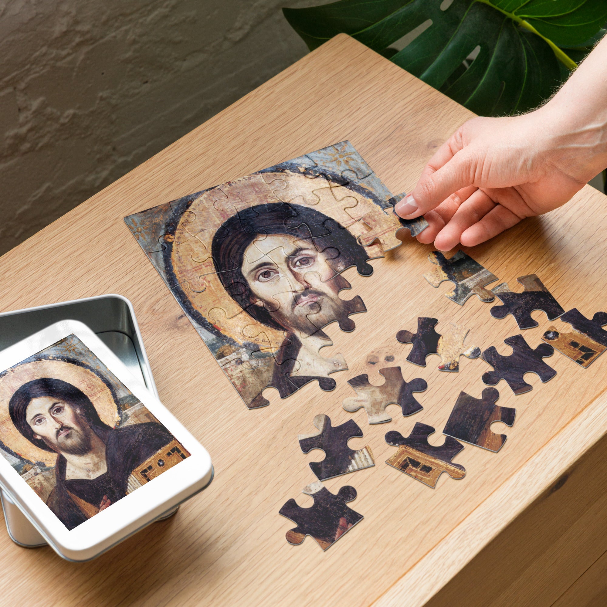 Christ Pantocrator from Saint Catherine’s Monastery Puzzle in Tin on wooden table