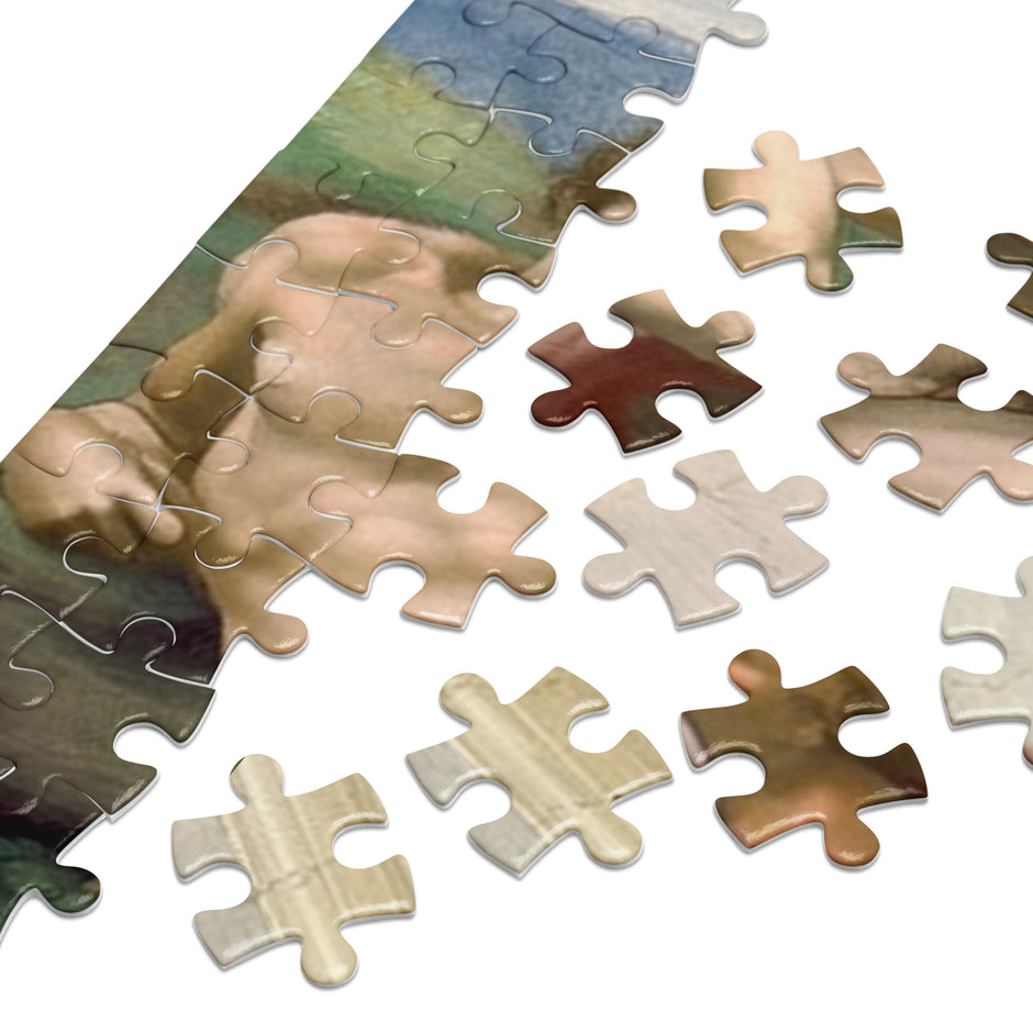 Creatio Adae (The Creation of Adam) Puzzle in Tin, featuring glossy jigsaw pieces of Michelangelo's iconic Sistine Chapel artwork.