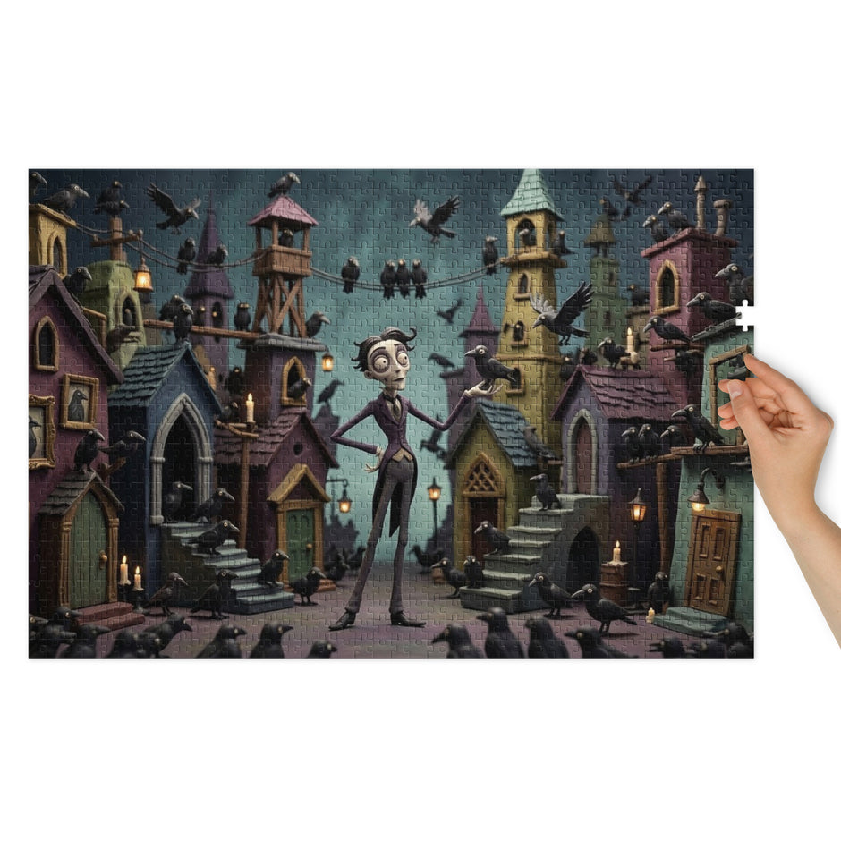 Crow Town Gothic Jigsaw Puzzle in Tin showing a surreal gothic street scene with crows and a central figure surrounded by dim candlelight.