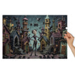 Crow Town Gothic Jigsaw Puzzle in Tin showing a surreal gothic street scene with crows and a central figure surrounded by dim candlelight.