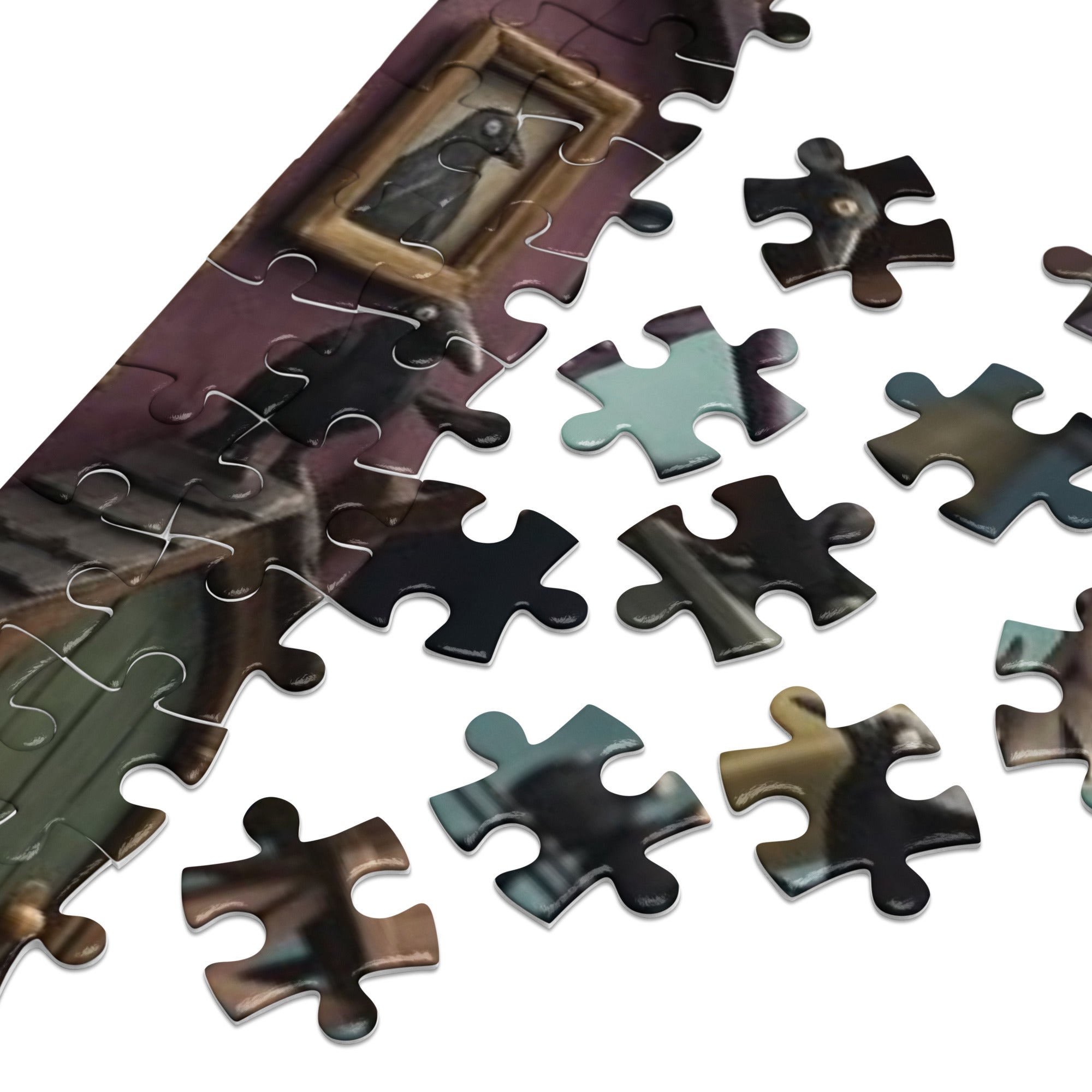 Crow Town Gothic Jigsaw Puzzle in Tin with assembled and loose pieces showcasing dark fantasy art.