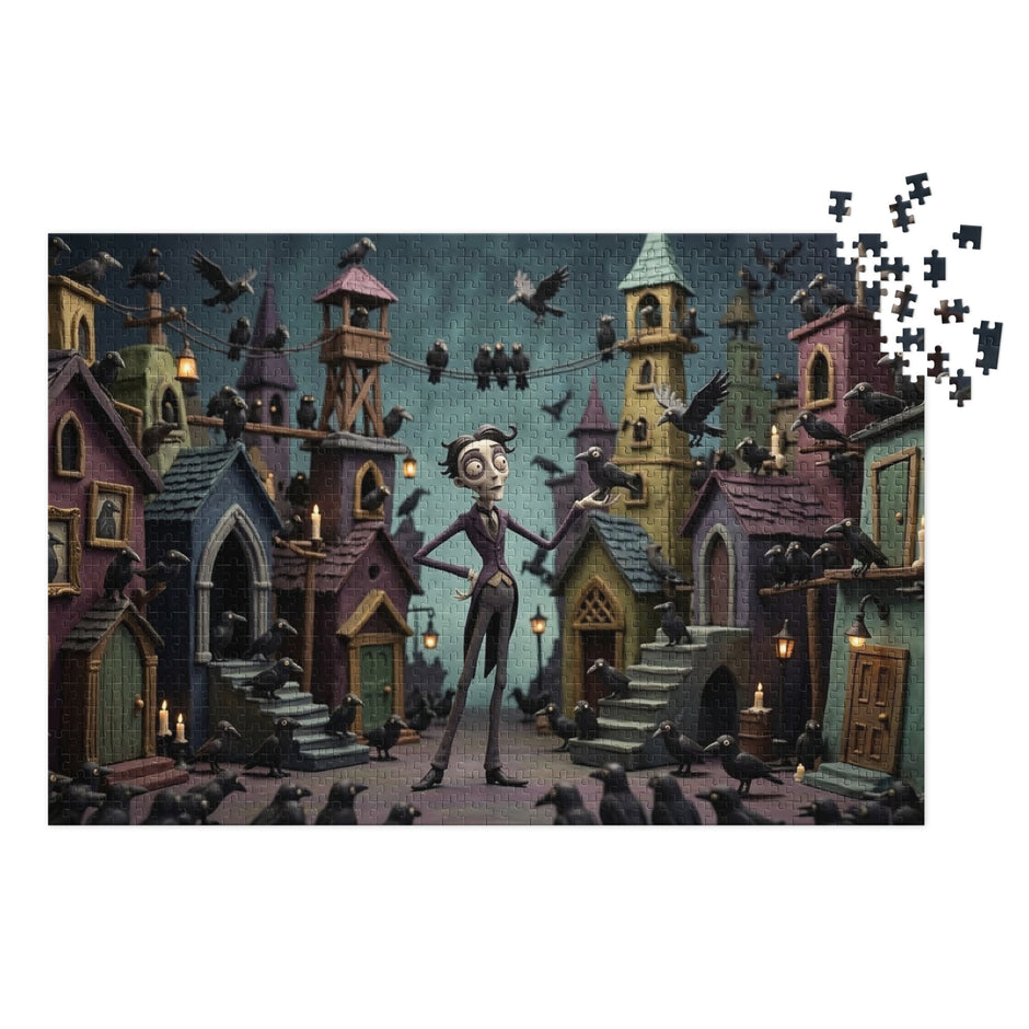 Crow Town Gothic Jigsaw Puzzle in Tin featuring dark fantasy street with eerie crows and gothic architecture.
