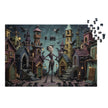 Crow Town Gothic Jigsaw Puzzle in Tin featuring dark fantasy street with eerie crows and gothic architecture.
