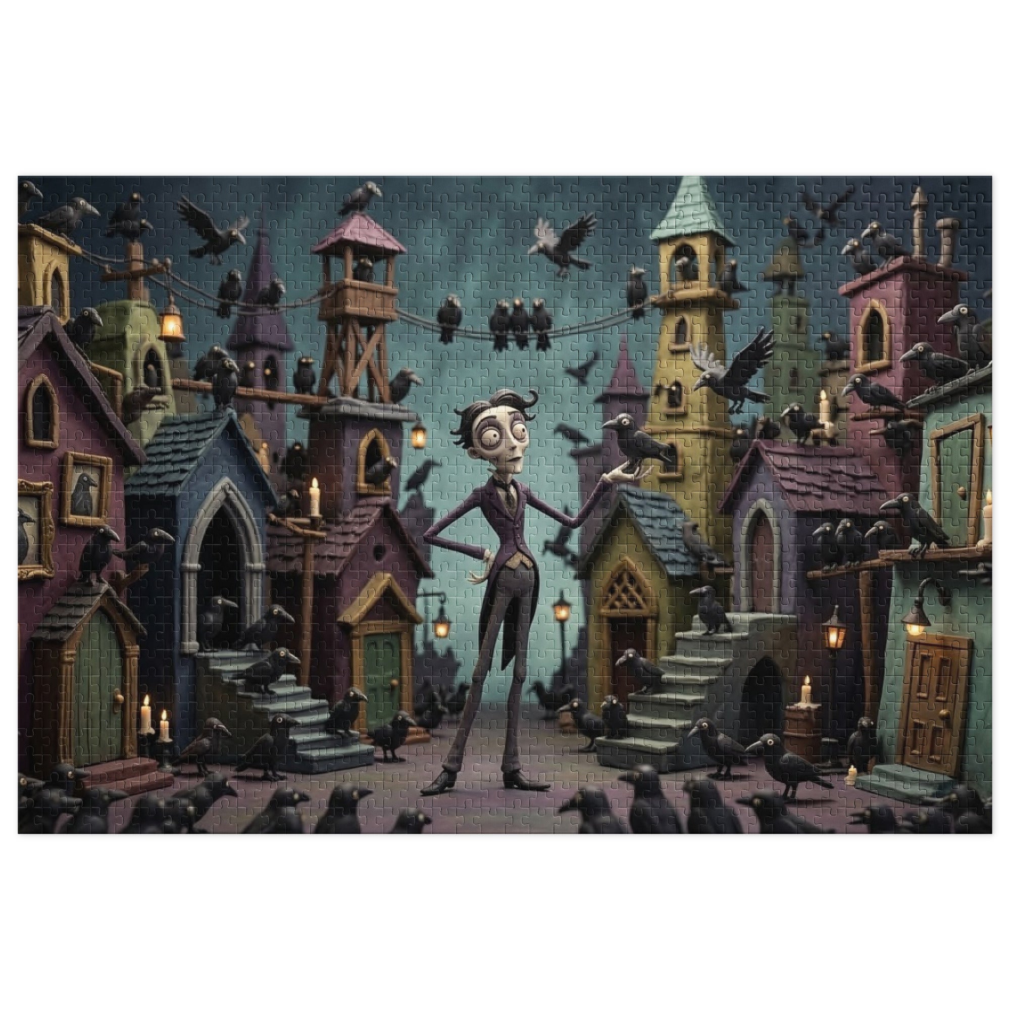 Surreal Crow Town Gothic Jigsaw Puzzle in Tin depicting dark fantasy street with crows and tall narrow houses under dim candlelight.