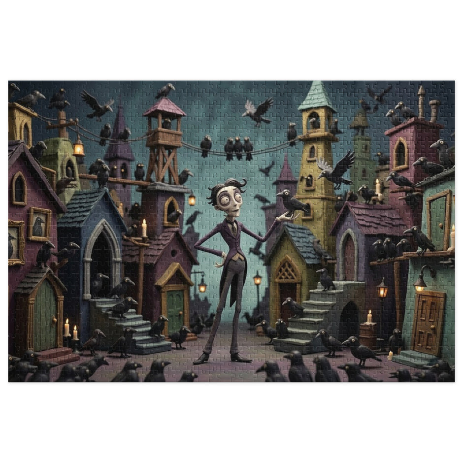 Surreal Crow Town Gothic Jigsaw Puzzle in Tin depicting dark fantasy street with crows and tall narrow houses under dim candlelight.
