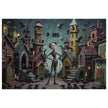 Surreal Crow Town Gothic Jigsaw Puzzle in Tin depicting dark fantasy street with crows and tall narrow houses under dim candlelight.