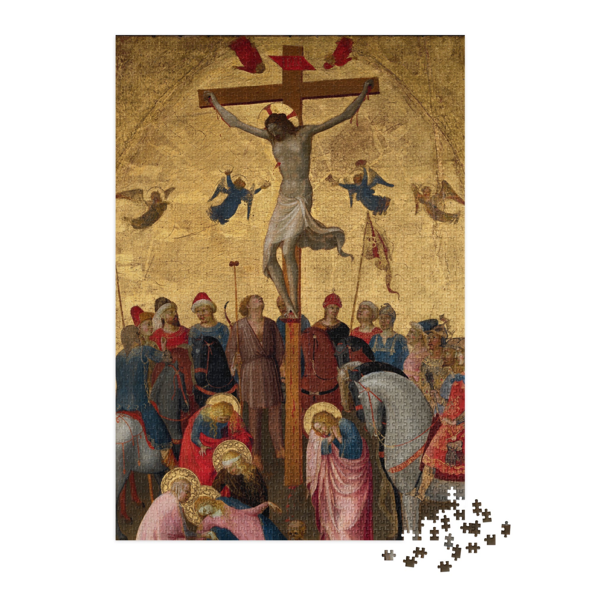 Crucifixion of Christ by Fra Angelico Puzzle in Tin showing the emotional intensity of the scene, Virgin Mary, and Roman soldiers.