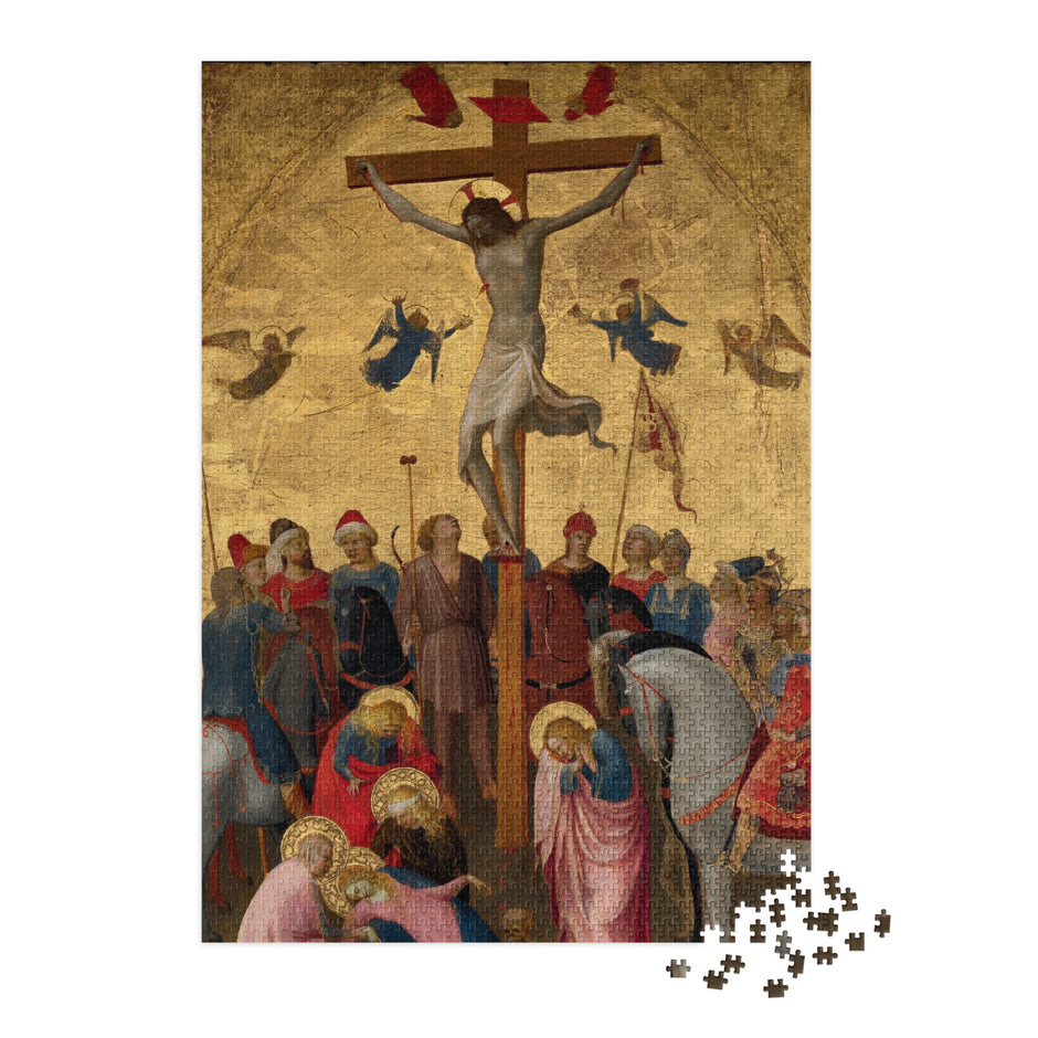 Crucifixion of Christ by Fra Angelico Puzzle in Tin showing the emotional intensity of the scene, Virgin Mary, and Roman soldiers.