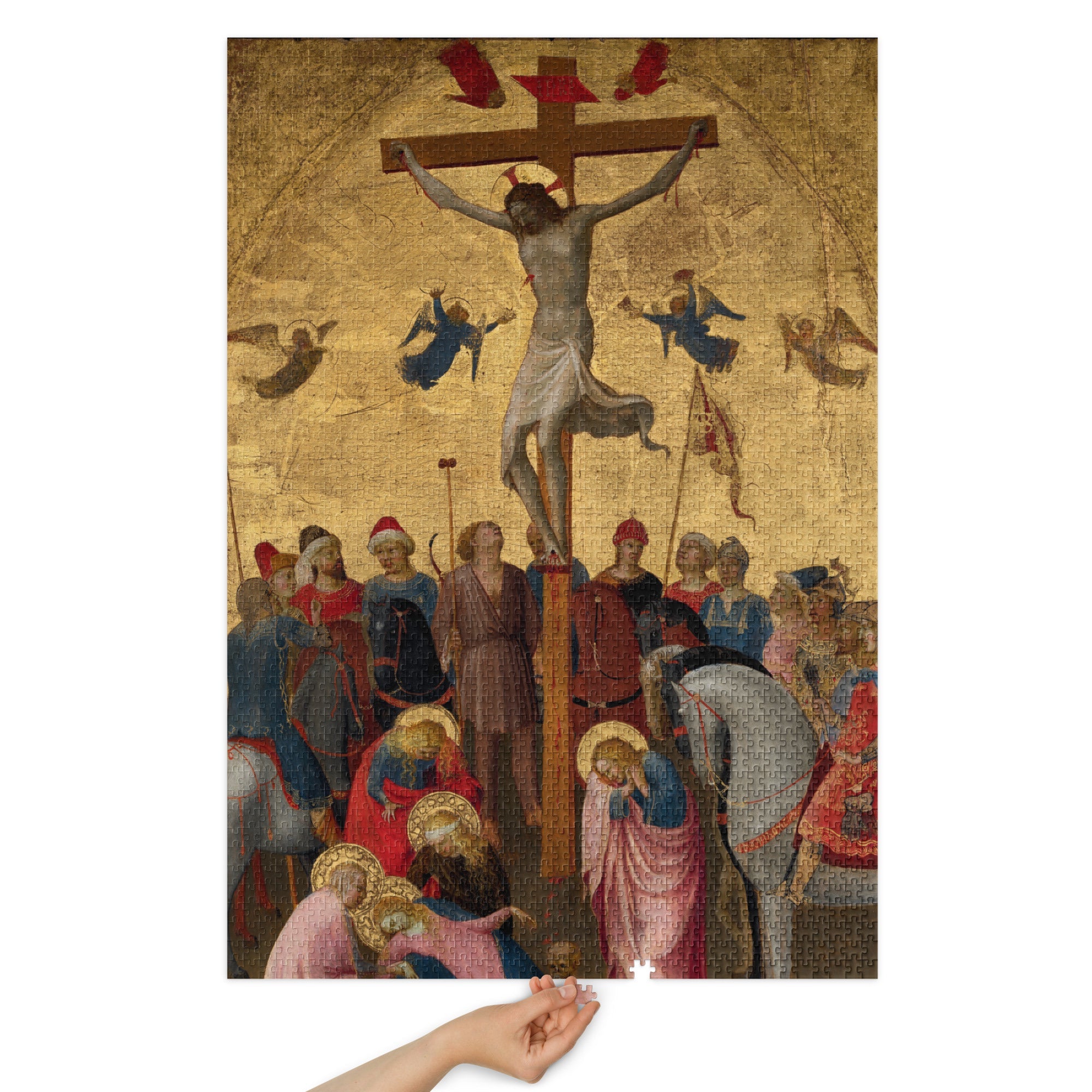 Crucifixion of Christ by Fra Angelico Puzzle in Tin depicting the emotional scene of Christ's Crucifixion and mourning figures.