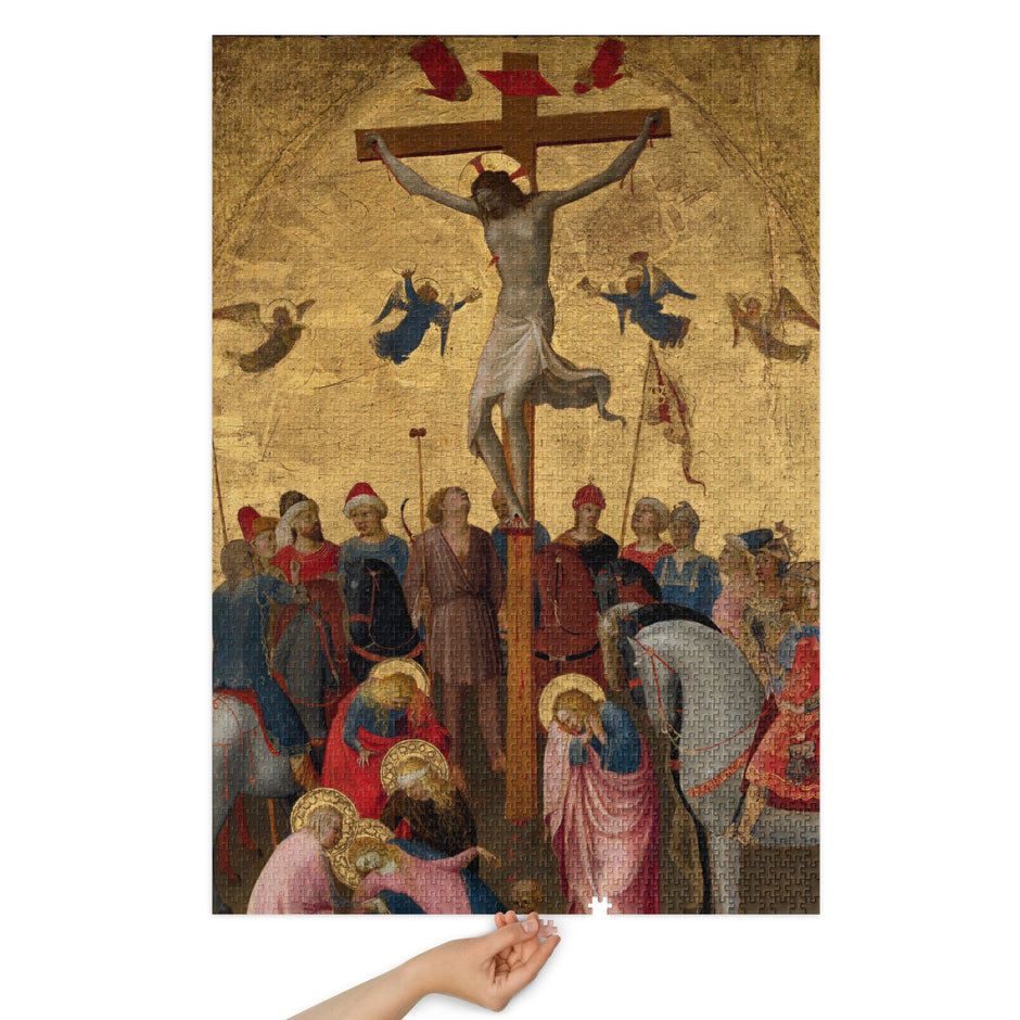 Crucifixion of Christ by Fra Angelico Puzzle in Tin depicting the emotional scene of Christ's Crucifixion and mourning figures.