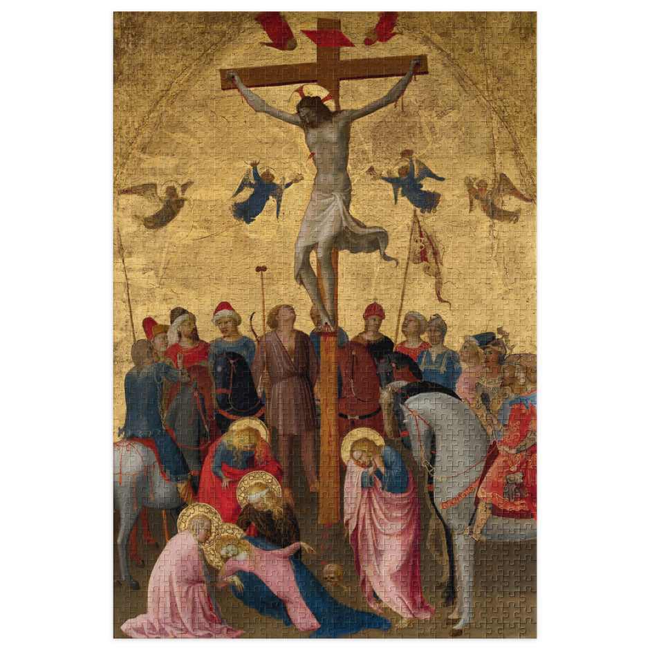 Crucifixion of Christ by Fra Angelico Puzzle in Tin, depicting emotional intensity with mourners and Roman soldiers, The Met exhibit.