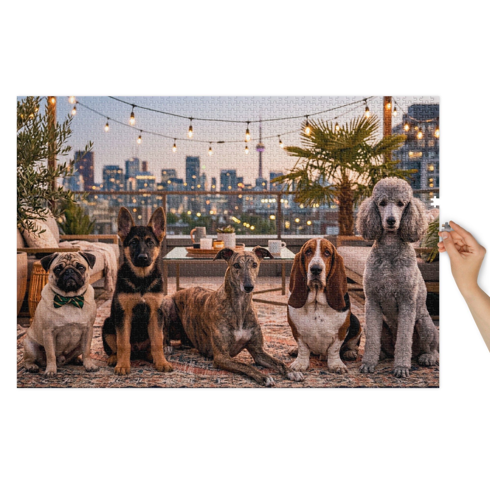Pug, German Shepherd, Whippet, Basset Hound & Poodle Jigsaw Puzzle in Tin featuring dogs on a rooftop at sunset with city skyline.