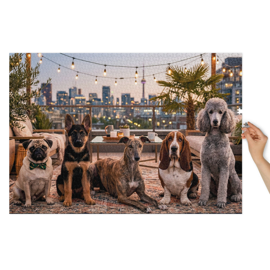 Pug, German Shepherd, Whippet, Basset Hound & Poodle Jigsaw Puzzle in Tin featuring dogs on a rooftop at sunset with city skyline.