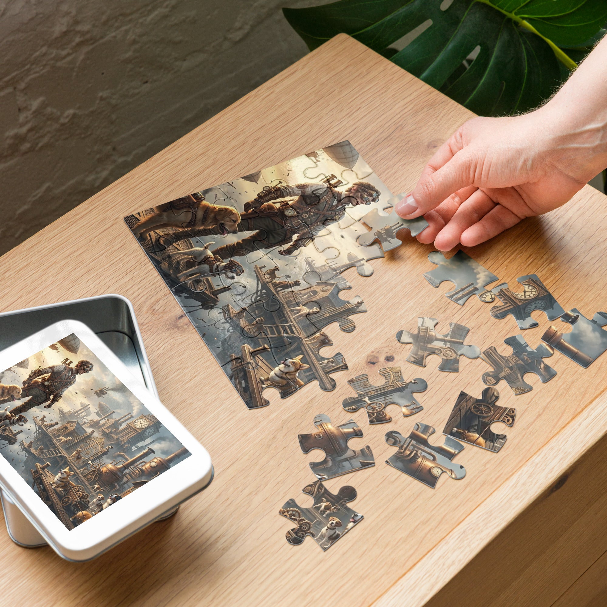 Dog Heaven Jigsaw Puzzle in Tin featuring a surreal steampunk scene with dogs and floating platforms being assembled